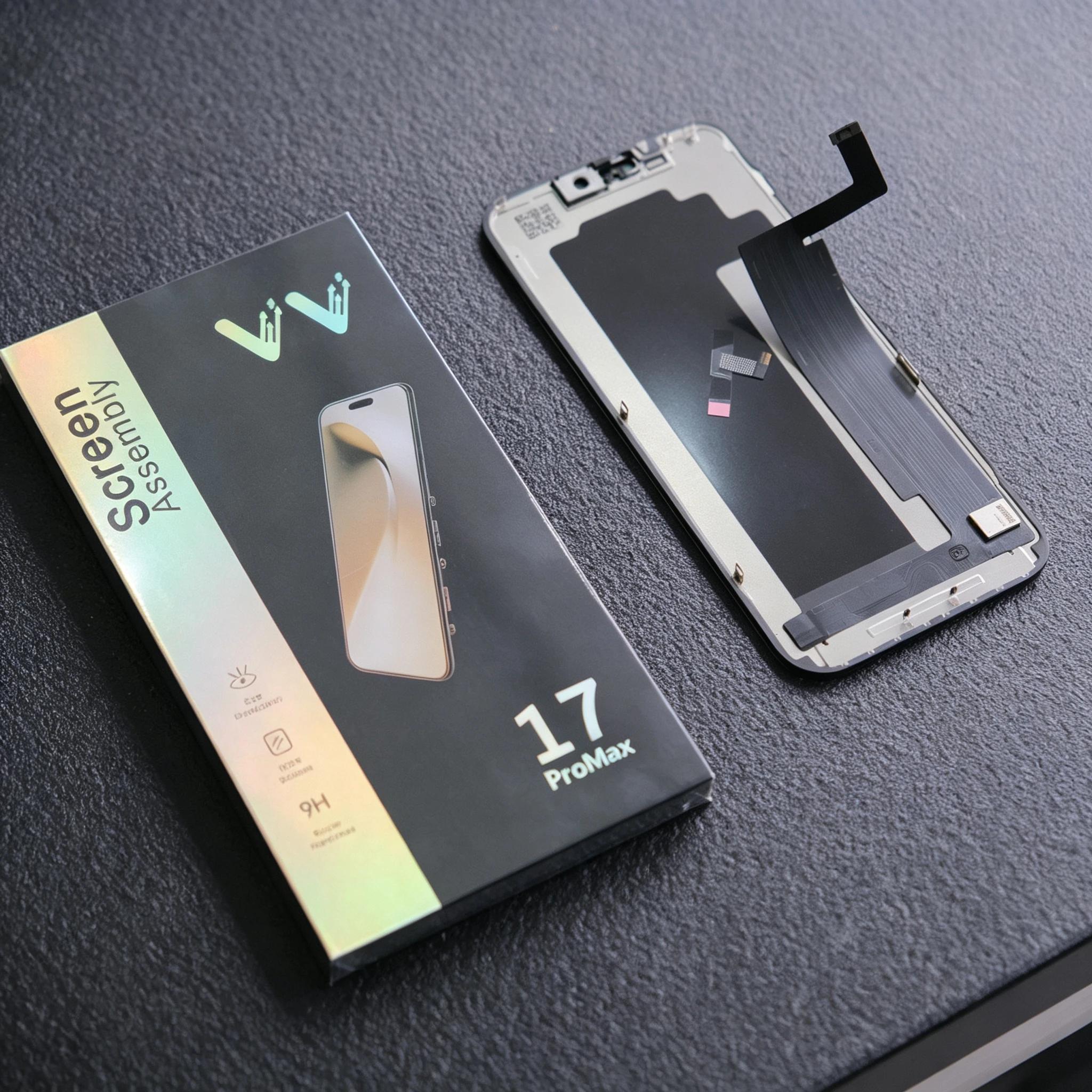 VV Premium Series 17 Pro Max package shown beside a real replacement screen assembly on a dark workbench